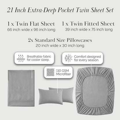 Southshore Fine Living, Inc. 4-Piece Deep Pocket Twin Sheet Set, 21-Inch Deep Pocket Twin Fitted Sheet, Microfiber Sheets, Pillow Cases Standard Size Set of 2, Steel Grey Bedding, Steel Grey Sheets