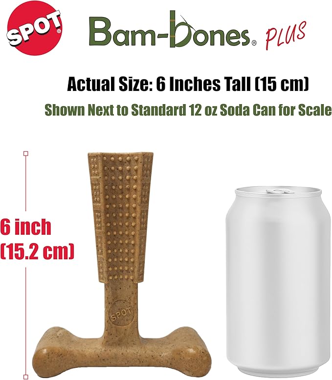 SPOT Bam-Bones Plus Coffee Wood T-Bone Dog Chew Toy, Chicken Flavor, Nylon and Coffee Wood Fiber Blend, Durable Chew for Heavy Chewers and Dogs Under 60 lbs, Non-Splintering Dental Chew, 6 Inch