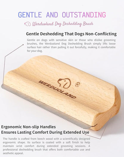 Pet Deshedding Brush for Dogs & Cats, Ergonomic Anti-Slip Wooden Handle Grooming Tool, for Short Long Double-Coated Pet Deshed Brush, Safely & Gently Removes Hair
