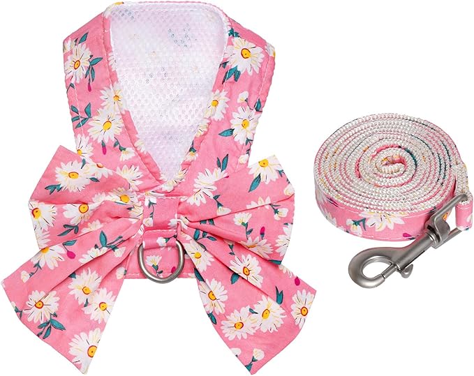 Dog Harness and Leash Set Adjustable Puppy Harness Mesh Vest Set Bow Knot Pet Clothes for Small Girl Dog Cat Summer (Pink, X-Small)