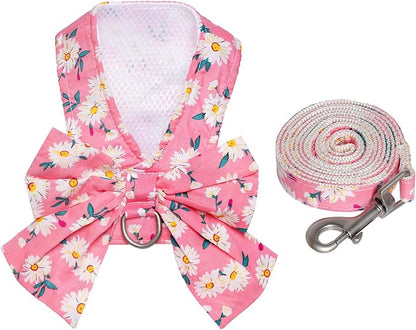Dog Harness and Leash Set Adjustable Puppy Harness Mesh Vest Set Bow Knot Pet Clothes for Small Girl Dog Cat Summer (Pink, X-Small)