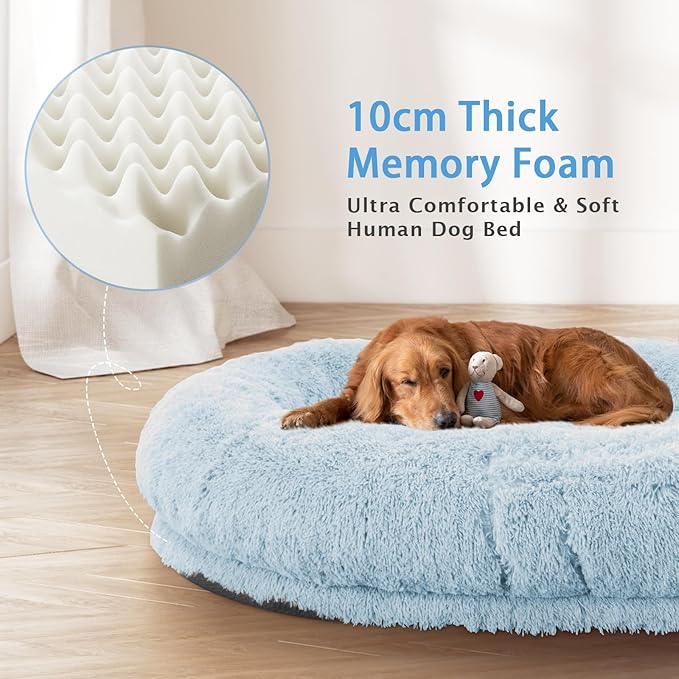 Human Dog Bed, 71''x45''x12'' Size Fits People and Pet 10 CM Thick Memory Foam Washable Adult Large Bed Giant Oversize Foldable Dog Bed with Plump Pillow, Blanket, Strap - Blue