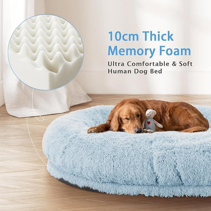 Human Dog Bed, 71''x45''x12'' Size Fits People and Pet 10 CM Thick Memory Foam Washable Adult Large Bed Giant Oversize Foldable Dog Bed with Plump Pillow, Blanket, Strap - Blue