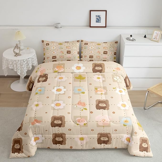 Erosebridal Woodland Animal Wildlife Comforter Set King Grid Checkered Bedding Sets, Light Brown Duvet Insert Flower, Colorful Flower Floral Quilt Set Kid Microfiber Cartoon Bedroom Décorative 3Piece
