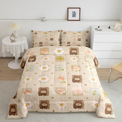 Erosebridal Woodland Animal Wildlife Comforter Set King Grid Checkered Bedding Sets, Light Brown Duvet Insert Flower, Colorful Flower Floral Quilt Set Kid Microfiber Cartoon Bedroom Décorative 3Piece