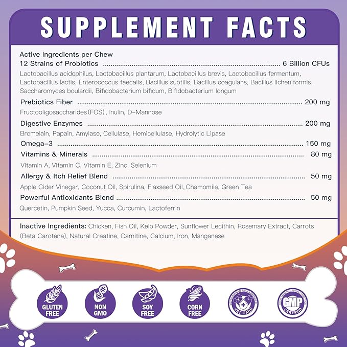 DRFOSTER Probiotics for Dogs, Freeze-Dried Dog Probiotics and Digestive Enzymes, Plus Omega-3 for Itchy Skin, Prebiotics for Digestive Health, Dog Vitamins and Supplements for Immune Health, 180 Bites