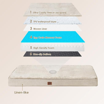 EHEYCIGA Orthopedic Dog Bed Waterproof 47"x29", Memory Foam Pet Bed for XXLarge Dog Bed, Washable Pet Mat with Removable Cover, Beige