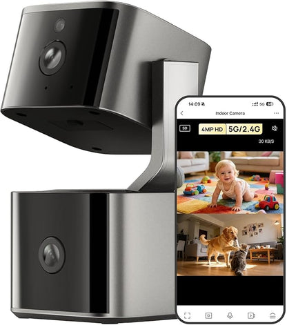 Dual Lens Security Indoor Camera 5G/2.4G WiFi, 2K+2K Pet Smart Camera with Pan Tilt for Home, Baby Monitor, AI Tracking, Motion Detection, Color Night Vision, 2-Way Talk, No Dead Zone, 355° View