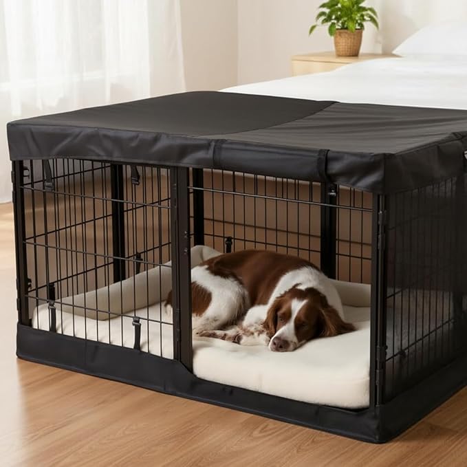 Dog Playpen w/Square Bottom Pad & Top Cover - 32 inch, 8 Panel Portable Black Metal Pet Play Pen for Small and Medium Dogs - Indoor/Outdoor Kennel Cage for Home, Yard, RV, or Camping