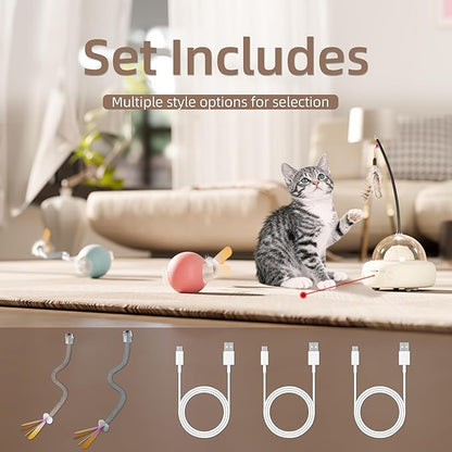 Interactive Cat Toys Set, 1 Automatic Laser Toy with Feather Wand and 2 Cat Ball Toys, Rechargeable 3-in-1 Pet Toys for Indoor Cats and Kittens