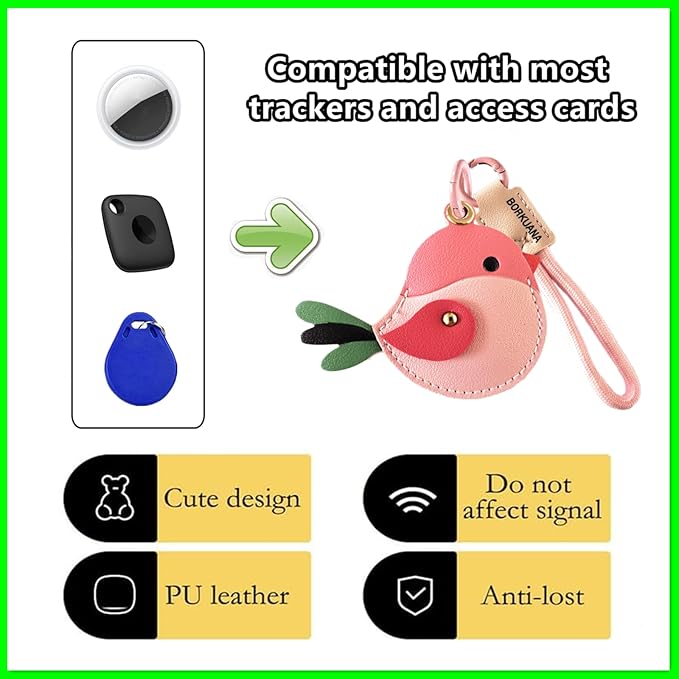 Leather Keychain Holder Case Compatible with AirTag,Cute Protective Cover with Keyring and Lanyard,Anti-Scratch Finder GPS Tracker Case for Wallet Keys,Bag,Pets,Backpack(Pink Bird)