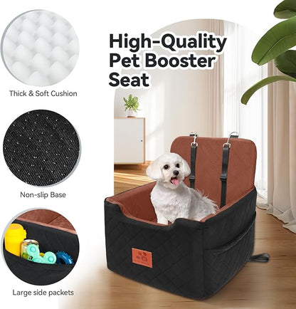 GL GLENSLAVE Dog Car Seat for Small/Medium Dogs Under 35lbs,Memory Foam Dog Booster Seats,Detachable and Washable Traval Pet Car Seat, Dogs Bed with 2 Safety Belts(Balck/Brown)