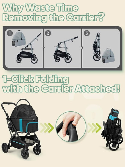 Small Dog Stroller, Pet Stroller for Small Dogs, 5-in-1 Dog Strollers - Fold All in One Without Detaching Carrier, Pet Strollers with Removable Waterproof Carrier for Dogs Cats 10 lbs 20 lbs - Black