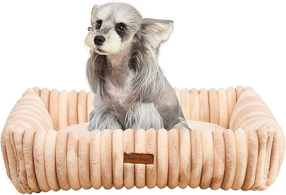 Modern Threads Ribbed Plush Two-Tone Cuddler Dog Bed, Ultra-Soft Faux Rabbit Fur, Supportive Bolstered Sides, Removable Washable Cover, Bed for Medium Dogs, Cream, (28" L x 21" W x 9" Th)