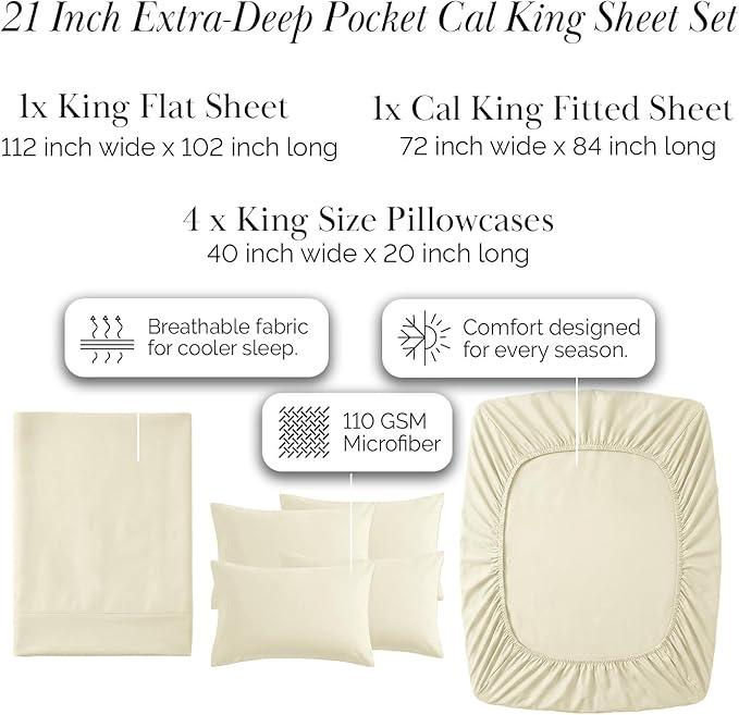 Southshore Fine Living, Inc. 6-Piece Cal King Sheet Set, 21-Inch California King Sheets Deep Pocket, Fitted and Flat Sheet Set, Microfiber Bedding, Cream Pillow Cases Set of 4, Cream Sheets