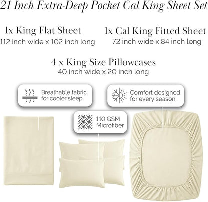 Southshore Fine Living, Inc. 6-Piece Cal King Sheet Set, 21-Inch California King Sheets Deep Pocket, Fitted and Flat Sheet Set, Microfiber Bedding, Cream Pillow Cases Set of 4, Cream Sheets