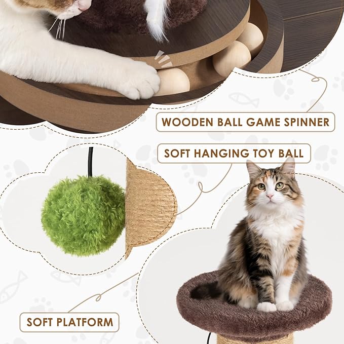 35.4" Tall Sisal Cat Scratching Post, Anti-Tip Stable Base, Interactive Mouse Hole & Toys, Furniture Grade Wood Cat Scratcher Tower for Indoor Cats