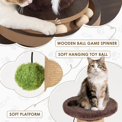 35.4" Tall Sisal Cat Scratching Post, Anti-Tip Stable Base, Interactive Mouse Hole & Toys, Furniture Grade Wood Cat Scratcher Tower for Indoor Cats