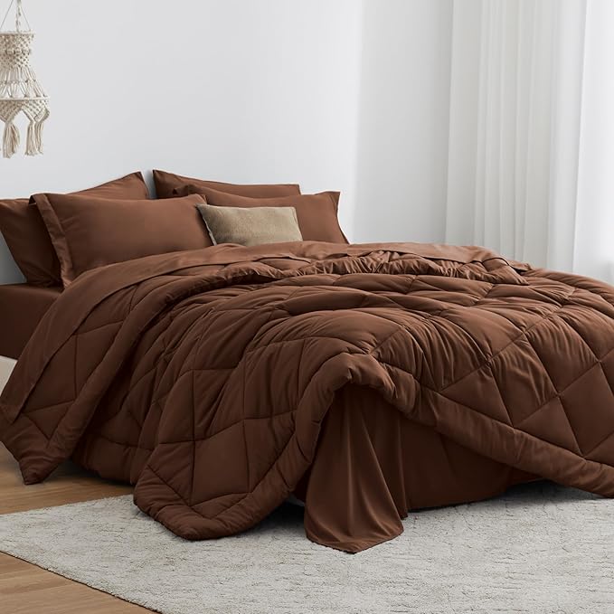 Love's cabin Twin Comforter Set Brown, 5 Pieces Twin Bed in a Bag, All Season Bedding Sets with 1 Comforter, 1 Flat Sheet, 1 Fitted Sheet, 1 Pillowcase and 1 Pillow Sham