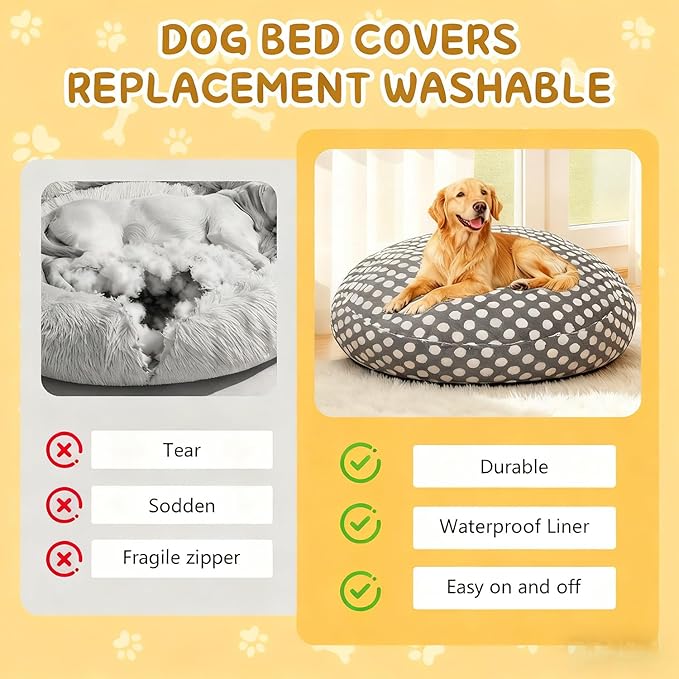Washable Dog Bed Covers Round Replacement Dog Bed Covers, Waterproof Sofa Cover with Dot Print Design for Medium & Large Pet Beds, Cover Only (Dark Gray, 45 * 45 * 11in)