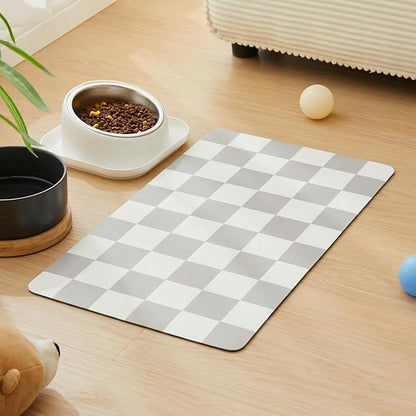 Ralxion Checkered Dog Feeding Mat, Absorbent Mats for Dog Food and Water Bowl, Dispenser, Feeder, Retro Aesthetic Grey Checkerboard Pet Placemat for Dogs, Cats, Puppy Accessories, 16" X 24”
