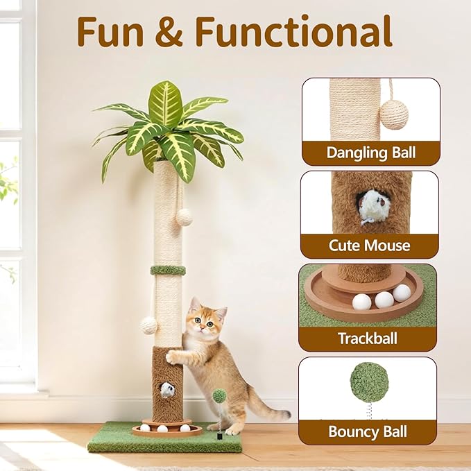Tall Cat Scratching Post Vertical Pole for Indoor, 35" Palm Tree Sisal Scratch Post for Large Adult Cats Kittens, Heavy Duty Wooden Carpet Pole with Ball Track Leaves, Furniture Protection