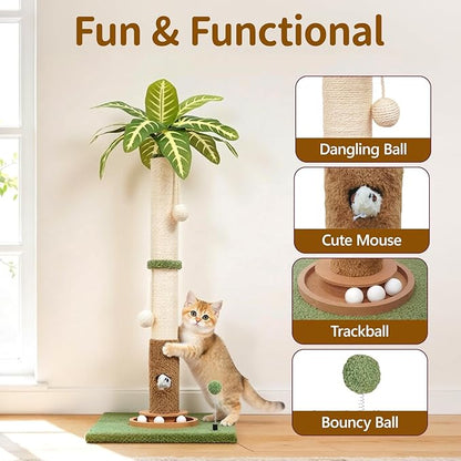 Tall Cat Scratching Post Vertical Pole for Indoor, 35" Palm Tree Sisal Scratch Post for Large Adult Cats Kittens, Heavy Duty Wooden Carpet Pole with Ball Track Leaves, Furniture Protection