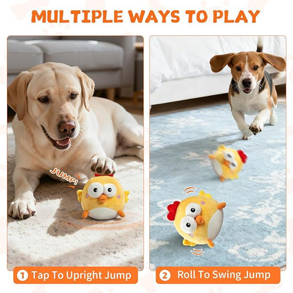 Interactive Dog Toy Ball, Upgrade Automatic 1.5H Jump Plush Toy with Removable Zipper for Small Large Dogs, Rechargeable Squeaky Move Bounce Ball for Pets Keep Busy, No Loud Music (Chicken)