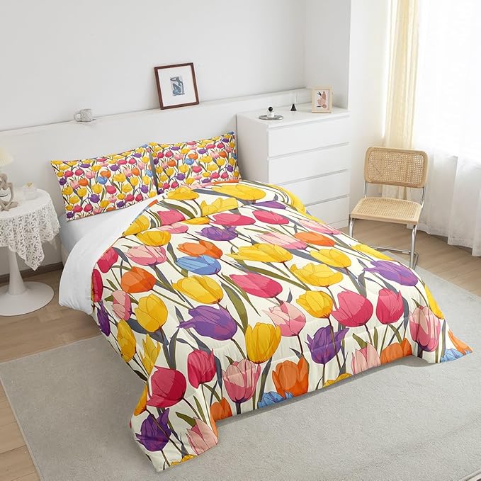 Erosebridal Rainbow Flower Bedding Sets King Colorful Floral Comforter Chic Girly Tulip Duvet Insert Botanical Leaf Bedding Bedding Set Girls Women Lady Duvet Insert Home Décor Microfiber