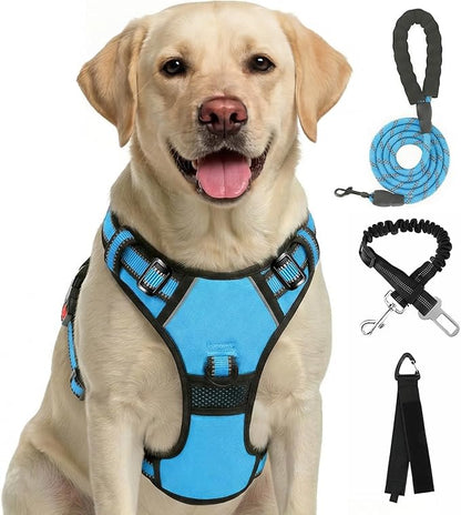 FURRYFECTION Plaid Dog Harness for Medium Dogs, Reflective No Pull Adjustable Pet Vest with Front Clip, Leash, Easy Control Handle and Seat Belt, Blue, M