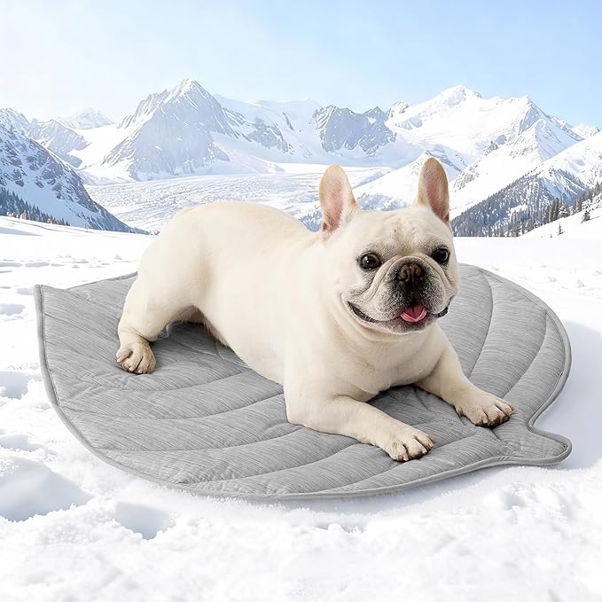COZY KISS Dog Cooling Mat, Q-Max > 0.4 Leaf Shaped Pet Pad, Liquid Pee Proof Summer Mat for Cats, Washable Sleep Blanket for Bed Couch Floor Indoor, 33x28 inch, Silver Grey