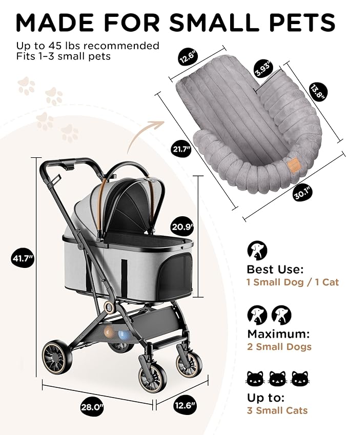 GTPLAYER Pet Stroller with Matching Stroller Mat Set, for Small Dogs and Cats Up to 45 lb, Detachable Carrier, One-Hand Fold, Stroller: Grey, Mat: Grey