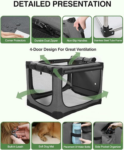 Veraste 30" L x 21" W x 21" H Collapsible Travel Dog Crate, Portable Soft Dog Kennel for Medium Dogs up to 45 lbs, 4-Door Foldable Travel Crate with Durable Mesh & Storage Bag, Grey