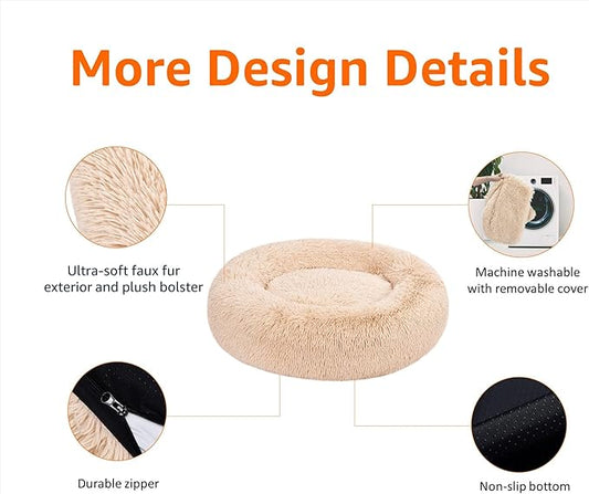 Amazon Basics Washable Donut Pet Bolster Faux Fur Bed with Removable Cover, Anti-Slip Bottom for Dog, Beige, 45" x 45"