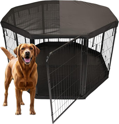 Dog Playpen w/Octagon Bottom Pad & Top Cover - 40 inch, 8 Panel Portable Black Metal Pet Play Pen for Medium & Large Dogs - Indoor/Outdoor Kennel Cage for Home, Yard, RV, or Camping