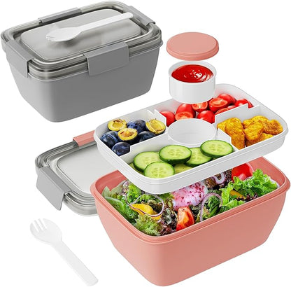 Freshmage Salad Container for Lunch, 2 Packs 68oz Large Salad Bowls with 4 Compartments, Salad Dressings Container for Salad Toppings, Snacks, Men, Women (Gray+Pink)