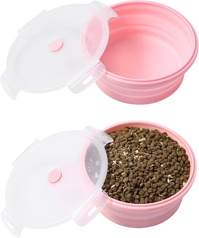 Joyinjojo Collapsible Dog Bowls with Lids, 2 Pack Portable Travel Dog Bowls for Small Medium Large Dogs, Silicone Foldable Outdoor Dog Cat Food Water Bowls for Camping Hiking Road Trip, Pink 27 oz