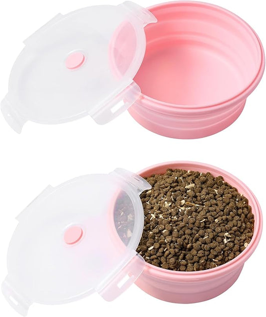 Joyinjojo Collapsible Dog Bowls with Lids, 2 Pack Portable Travel Dog Bowls for Small Medium Large Dogs, Silicone Foldable Outdoor Dog Cat Food Water Bowls for Camping Hiking Road Trip, Pink 27 oz