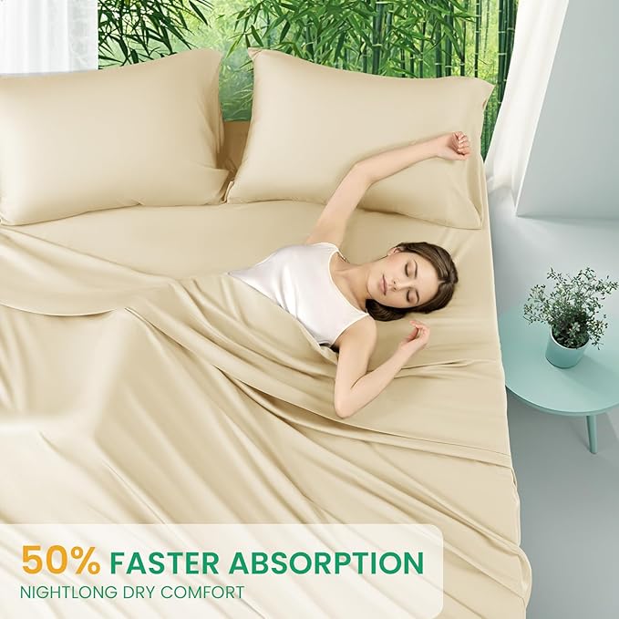 SONORO KATE 100% Viscose Derived from Bamboo_Sheets Queen Size, Ultra Breathable & Cooling Bed Sheets for Hot Sleepers, Hotel Luxury Silky Bedding Sheets, 16" Deep Pocket - 4PC (Beige,Queen)