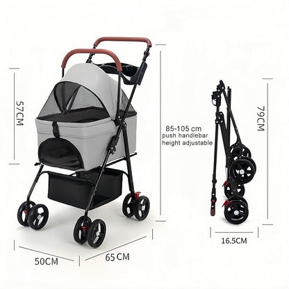 Pet Stroller for Medium Small Dogs/Cats - 4 Wheels Foldable Dog Stroller with Storage Basket,Dog/Cat Carrier,Adjustable Handle,Folding Puppy Carrier Suitable for Traveling with Cats and Dogs (Grey)