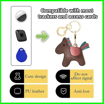 Leather Keychain Holder Case Compatible with AirTag,Cute Protective Cover with Keyring,Anti-Scratch Finder GPS Tracker Case for Wallet Keys,bag,pets,Backpack(Horse G)