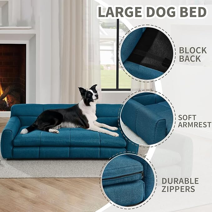 Dog Couch Bed with Backrest and Armrest, Durable Pet Sofa with Soft Foam Cushion, Elevated Dog Couch Bed with Legs for Medium and Large Dogs, Blue
