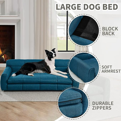 Dog Couch Bed with Backrest and Armrest, Durable Pet Sofa with Soft Foam Cushion, Elevated Dog Couch Bed with Legs for Medium and Large Dogs, Blue