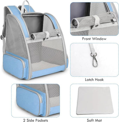 Cat Backpack Carrier, Large Pet Backpack with Kitten Wand Feather Toy for Medium Small Dog Cat Puppy Kitty Bunny up to 15lbs, Ventilated Mesh Dog Travel Carrier for Hiking Walking Outdoor Use (Blue)