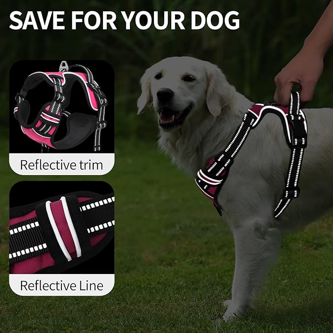 HEELE Dog Harness, No Pull Adjustable Padded Reflective Harness for Small Medium Large Dogs with Handle for Walking Training,Rose, L