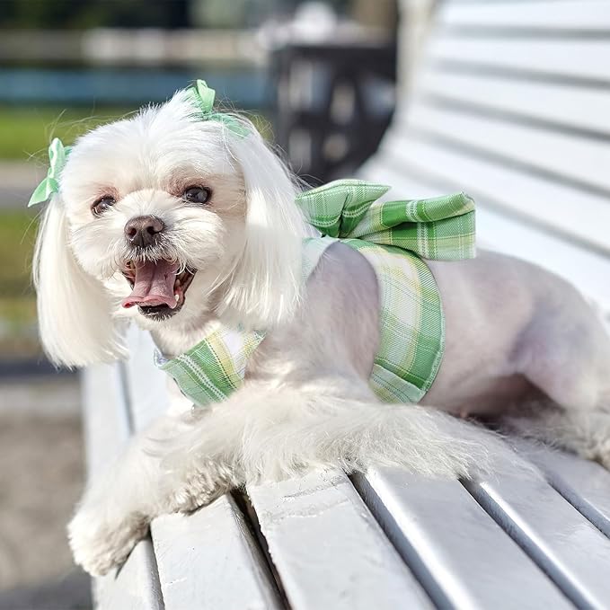 Cute Dog Harness and Leash Set with Bow Tie Soft Mesh Plaid Girl Puppy Harness No Pull Pet Cat Dog Vest Harness for Small Dogs Chihuahua Rabbit Outfit (Green,XXL)
