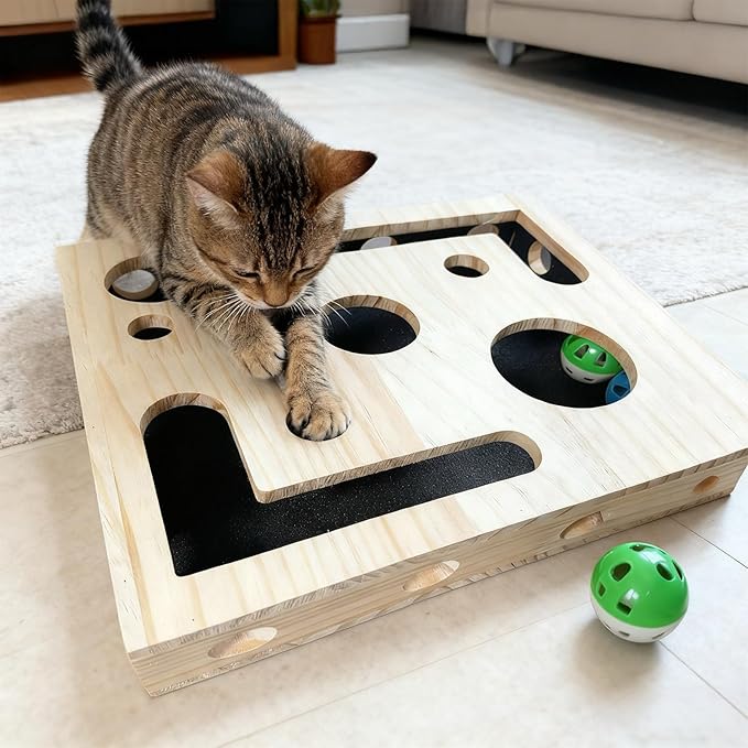 Cat Scratch Puzzle Enrichment Box with Sandpaper - Cat Nail File Enrichment Box for Indoor Cats, Stress-Free Nail Grinder & Clipper Alternative, Natural Scratching & Play (Brown)