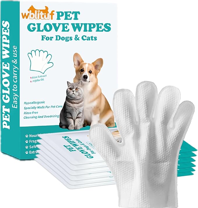 Pet Cleaning Glove Wipes 6 Count | Individually Wrapped Disposable Grooming Glove Wipes with Aloe & Jojoba Oil, Waterless No-Rinse Odor Control, Lick-Safe Five-Finger Design for Dogs&Cats