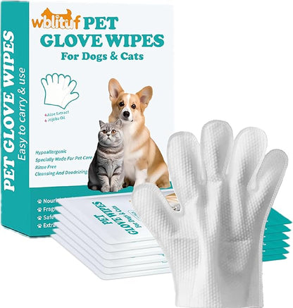 Pet Cleaning Glove Wipes 6 Count | Individually Wrapped Disposable Grooming Glove Wipes with Aloe & Jojoba Oil, Waterless No-Rinse Odor Control, Lick-Safe Five-Finger Design for Dogs&Cats