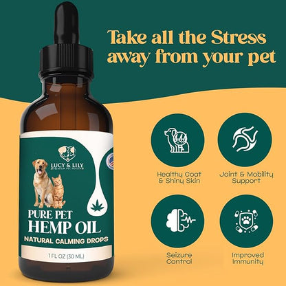 Pure Pet Hemp Oil by Lucy and Lily| Helps with Anxiety, Pain, Stress, Sleep, Seizures, Skin & Coat Health| Calming Drops for Cats & Dogs| 100% Natural Liquid Hemp Oil | Safe for All Pets | 2 Pack